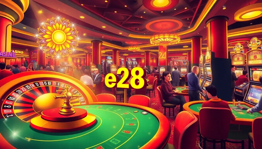Experience excitement at a vibrant casino with e28-themed gambling tables and players winning big.