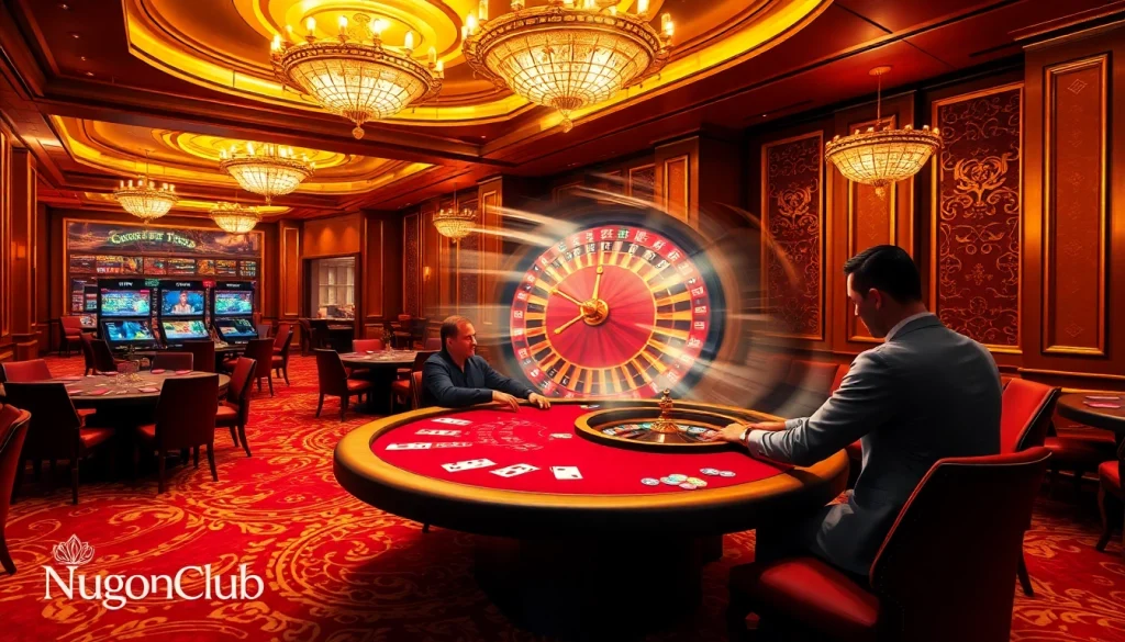 NgonClub offers an exhilarating casino scene with players strategizing around poker tables and a spinning roulette wheel, showcasing the essence of online gambling.