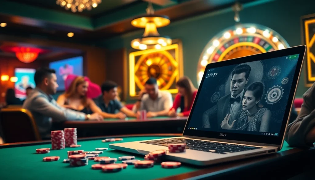 Experience the excitement of the Jili777 homepage with players at a poker table and roulette wheel.