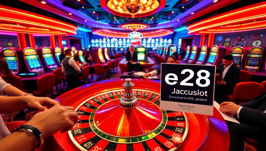 Experience the excitement of gambling at a lavish casino with vibrant tables and the 'e28 Jackpot' game in action.