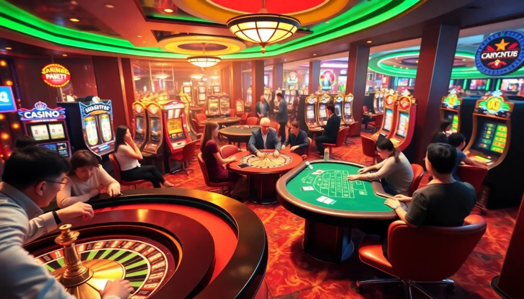 The lively atmosphere of 'trang chủ qq88' features casino tables with enthusiastic players enjoying thrilling games.