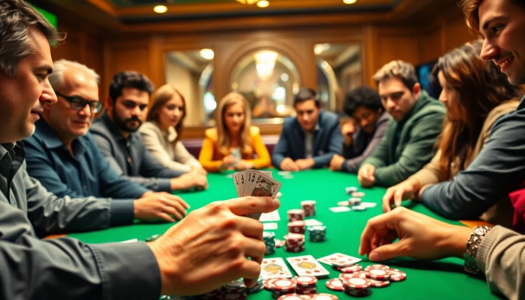 Engaged players enjoy an exciting game of Online poker at a vibrant table.
