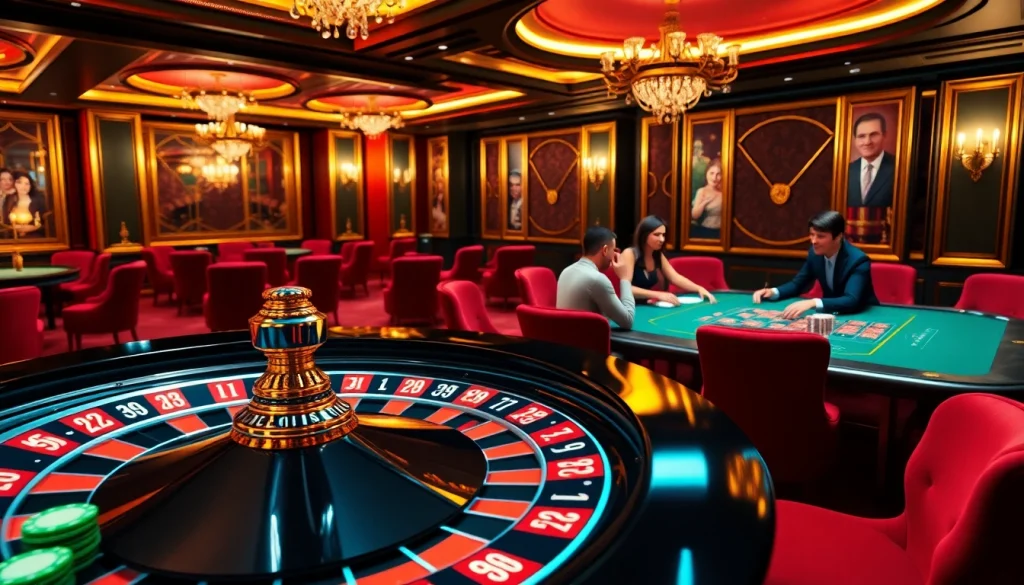 Experience the thrill of e28 at a bustling casino with vibrant roulette and poker games.