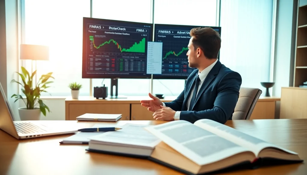 Verify brokers and investment advisors using FINRA BrokerCheck in a contemporary office setting.