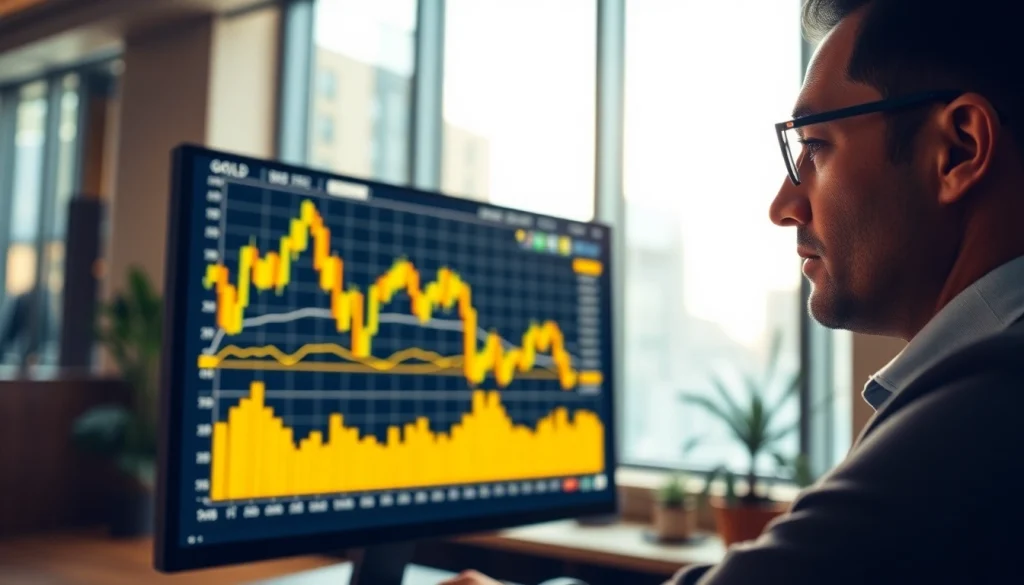 Analyze GOLD SIGNALS displayed on a digital chart in a modern trading office.