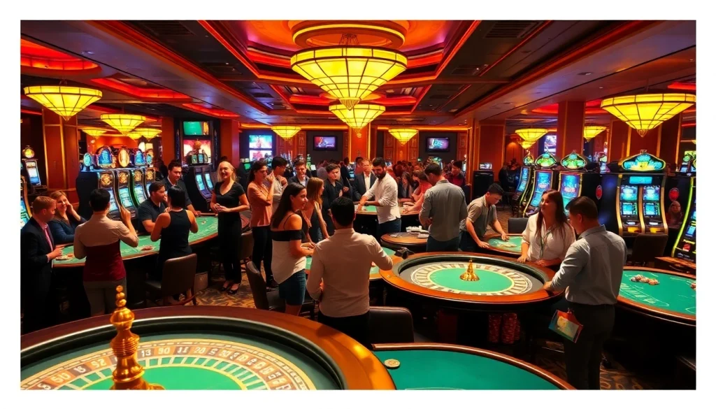 Players engaging in thrilling gambling activities at 88AA casino, surrounded by vibrant tables and slot machines.